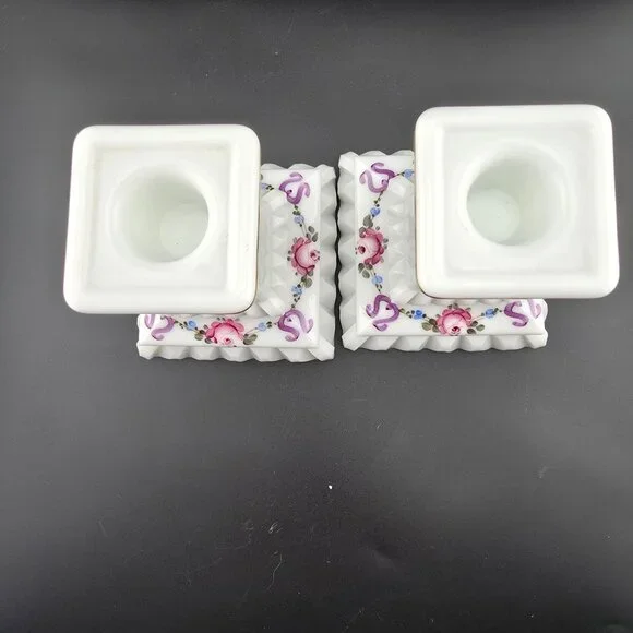 Westmoreland Milk Glass Hand-Painted Floral Candlestick Holders READ - Picture 3 of 7